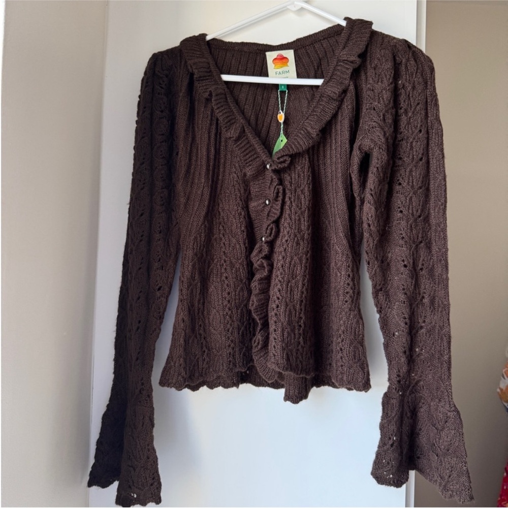 Farm Rio: NWT: Lace Stitch Knit Ruffles Cardigan - Brown DT - Picture 11 of 11
